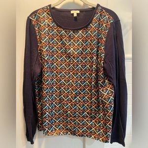 Talbots- Sweater with Silk Anchor Print Front & Knit Bck/Sleeves, Navy, Size LP